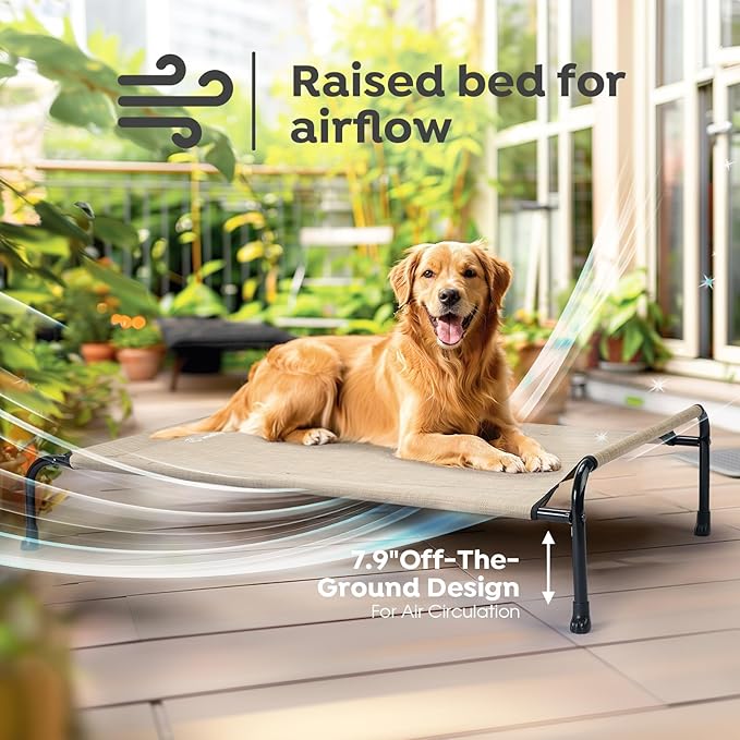 Veehoo XXXL Original Elevated Dog Bed - Outdoor Raised Dog Cots Beds for Large Dogs, One-Sided Extra Large Raised Cooling Pet Bed Off Ground, Non-Slip & Breathable, Beige 53" L x 33" W x 7.9" Th