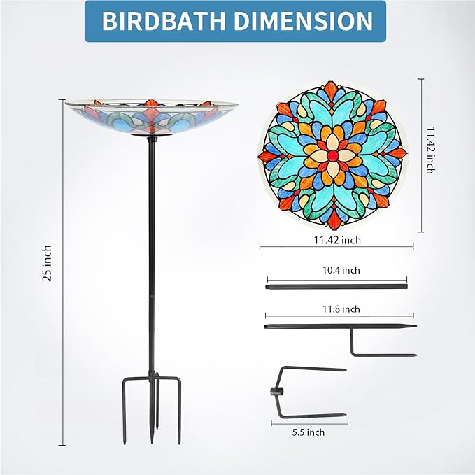 MUMTOP Bird Baths for Outdoors, Glass Birdbath Birdfeeder Bowl with Metal Stake for Outside Garden Yard Lawn Tiffany Style Decor