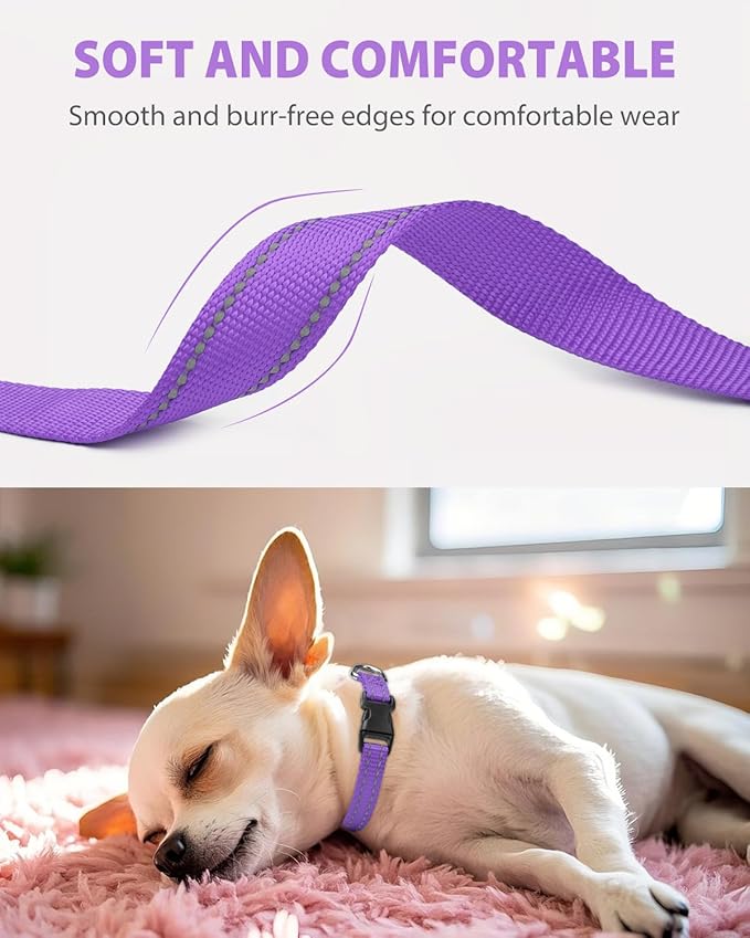 Joytale Small Dog Collar, Reflective and Adjustable Nylon Collar with Quick-Release Buckle, Lightweight No-Choke Design for Puppy and Extra Small Dogs, Purple, XS