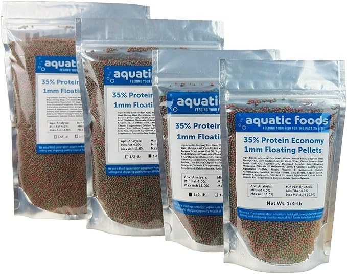 Aquatic Foods Inc. 1mm - 1/32, 35% Protein Economy Floating Pellets for All Community Fish, Tetras, Guppies, Angel Fish, Cichlids, Goldfish. All Tropical Fish - WL…1/4-lb Foil Pouch Bag