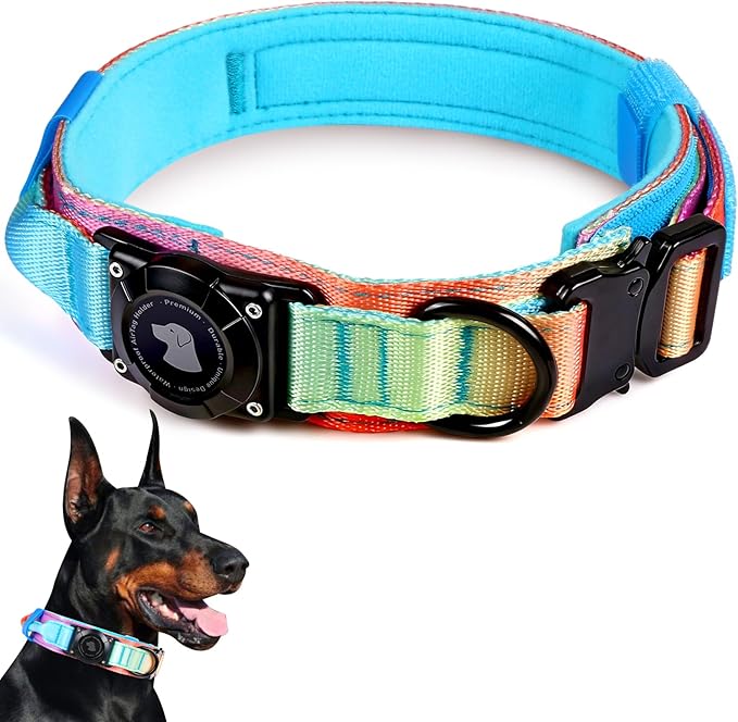 2026 Upgrade Waterproof AirTag Dog Collar, Military Tactical Dog Collar with AirTag Holder, Comfortable Control Handle and Metal Buckle, GPS Dog Collar Holder for Medium to Large Dogs(Pastel lcing,XL)