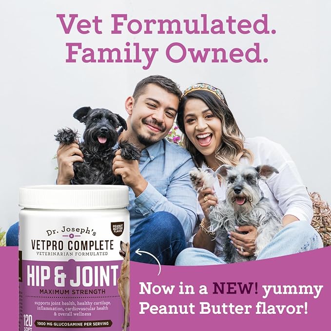 Dr. Joseph's VetPro Complete Peanut Butter Hip and Joint Dog Chews, 60 Count, Pain and Inflammation Relief with Glucosamine, Chondroitin, MSM, Turmeric, Vitamin C, Omega 3, Treats Hip Dysplasia