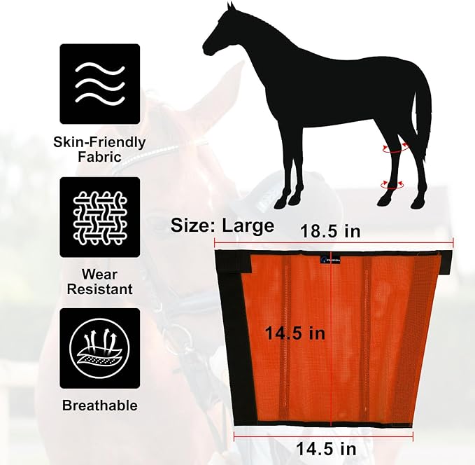 FOXLVDA Horse Fly Boots - Fly Boots for Horses Set of 8, Comfortable Horse Leggings, Mesh Material Design with Metal Support Bars for Reduces Stomping & Leg Fatigue (Blue-Orange, Large)