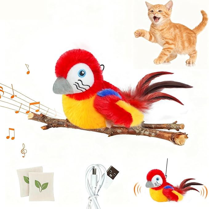 Cat Toys Flapping Bird(Cannot Fly), Electric Simulated Chirping Bird Interactive Kitten Toy with Flappy Wings, Rechargeable Touch Activated Toy with Catnip and Feather for Indoor Cats - Red