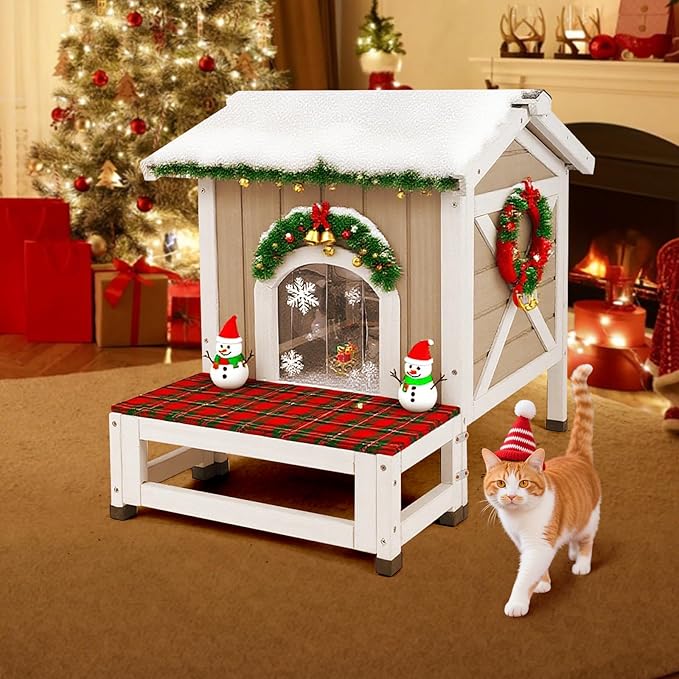 PetsCosset Outdoor Cat House with Insulated Liner for Winter, Insulated Feral Cat Shelter Weatherproof for Outside with Openable Asphalt Roof, Large Balcony, Escape Door