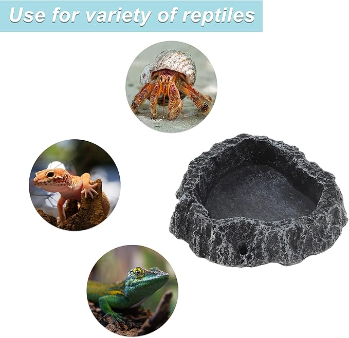 Reptile Food Dish, Resin Lizard Reptile Food Dish, Turtle Water Bowl, Terrarium Feeding Bowl Accessory for Lizard Tortoise Snakes Gecko, Black Gray, 3.54"x3.54"x0.98"