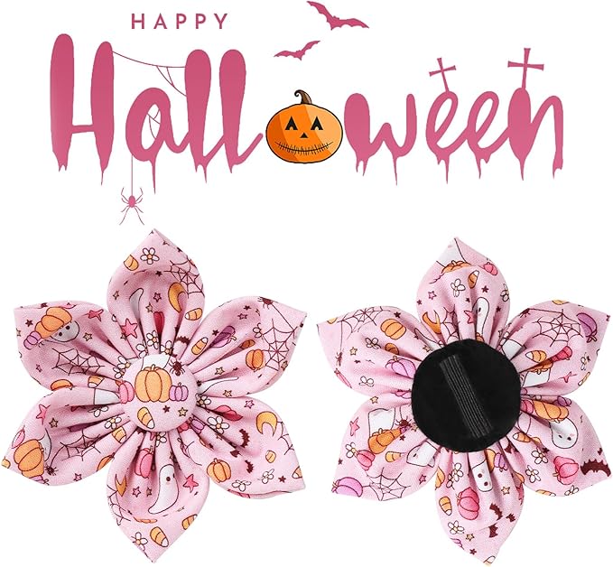 Halloween Dog Collar With Flower, Pink Puppy Collar With Adjustable Metal Buckle, Fancy Bowtie Gift for Girl Boy Dog, L
