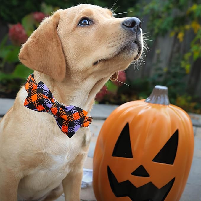 Halloween Dog Collar, Pet Collar Bow Plaid Pet Collars Girl Boy Holiday Pet Collars Gift Bow Dog Collar Cute Soft Puppy Collars for X-Large Dogs