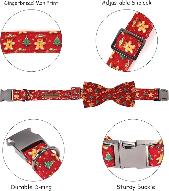 Christmas Dog Collar, Soft Pet Collar Gingerbread Man Cute Dog Collar with Bow Red Christmas Tree Adjustable Sturdy Collars Winter Holiday Collars for X-Small Girl Boy Dogs