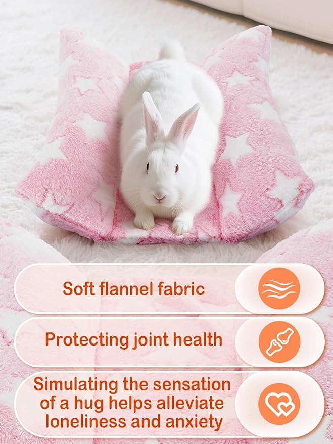 Soft Bunny Bed - 15.7" x 14" Rabbit Bed, Warm Cuddle Cushion Plush Mat for Guinea Pig, Ferret, Small Animal, Pink Stars