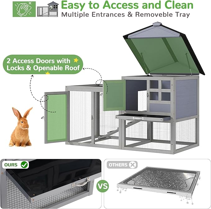 48" L Large Rabbit Hutch Outdoor Indoor, Expandable 2-Story Wooden Bunny Cage with Run, Removale Tray, 3 Entrances, Grey + Colorful Pattern