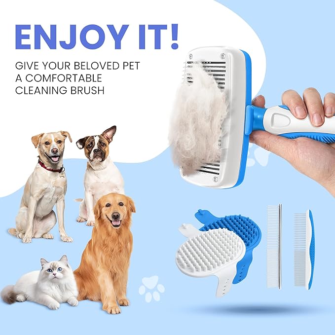 Self Cleaning Shedding Brush - 5-in-1 Professional Pet Grooming Kit Skin Friendly Grooming Tool for Dogs, Cats, and Puppies, Deshedding and Hair Removal for Long and Short Haired Pets（Blue-White）