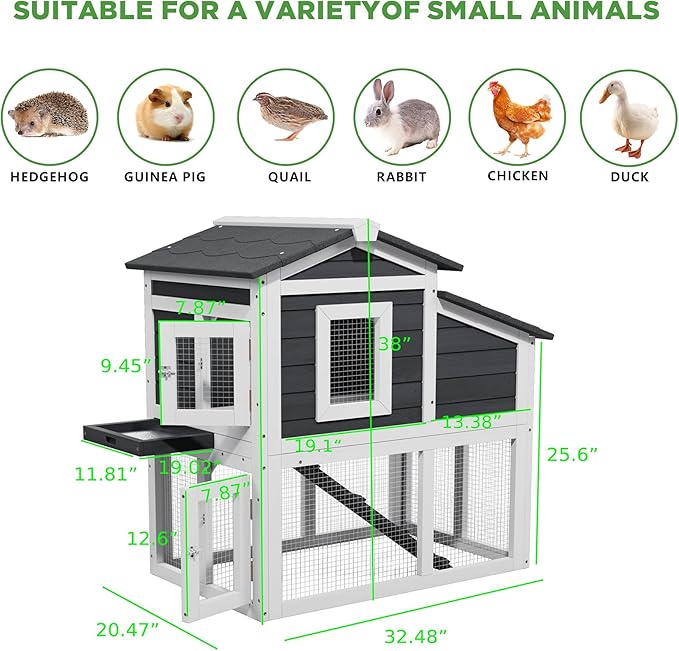 Chicken Run Coop, Wooden Duck Coop Outdoor 2-Tier Hen House All Weather Used Poultry Quail Cage Rabbit Hutch Pet Hideout with Ramp for Small Medium Animals(Grey)