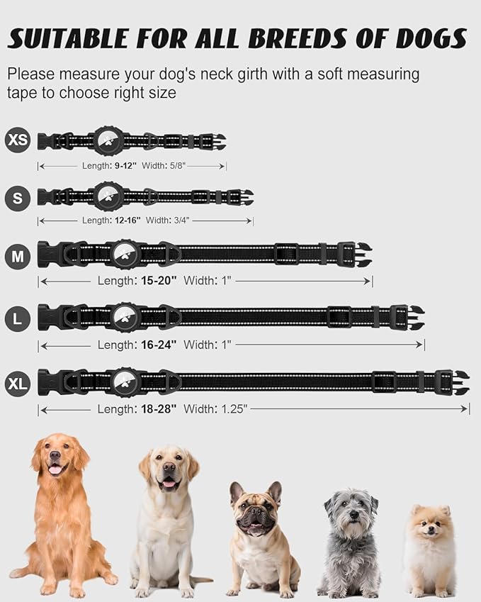 Joytale Airtag Dog Collar, Reflective Pet Collar with Waterproof AirTag Holder, Dual D-Rings, Soft Padded Adjustable for Extra Small and Puppy Dogs, Black, XS
