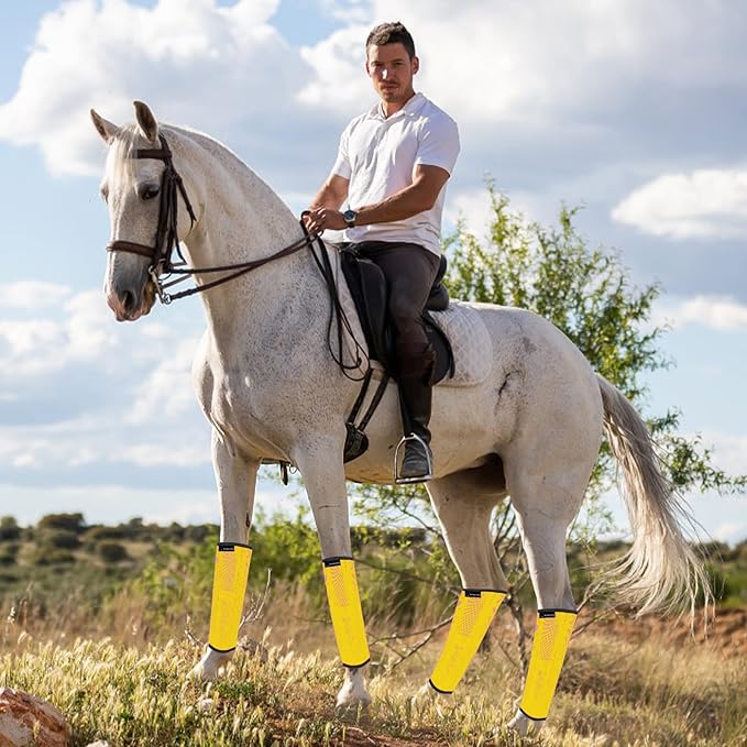 FOXLVDA Horse Fly Boots - Fly Boots for Horses Set of 4, Comfortable Horse Leggings, Mesh Material Design with Metal Support Bars for Reduces Stomping & Leg Fatigue (Yellow, Medium)