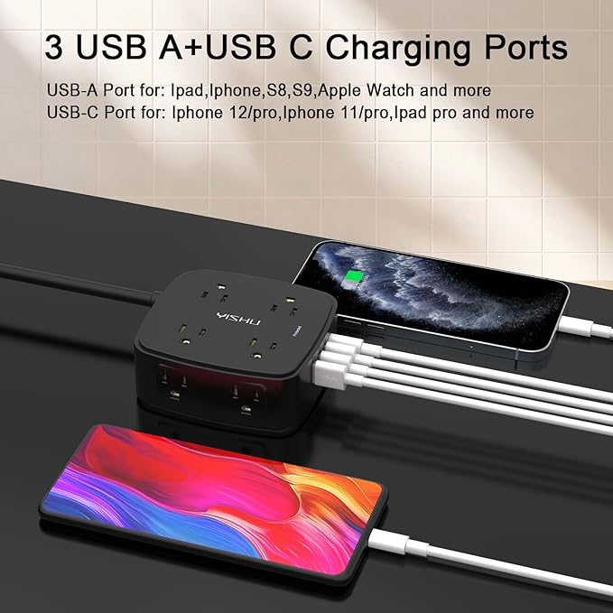 6 Ft Surge Protector Power Strip - 8 Widely Outlets with 4 USB Ports, 3 Side Outlet Extender with 6 Feet Extension Cord, Flat Plug, Wall Mount, Desk USB Charging Station, ETL,Black