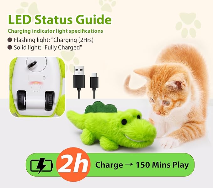 Interactive Cat Toys for Indoor Cats - Self-Charging Croc Chase Toy with 360° Motion, Wagging Tail & Catnip, Automatic Exercise Toy for Bored Kittens/Adults(Plush Fur)