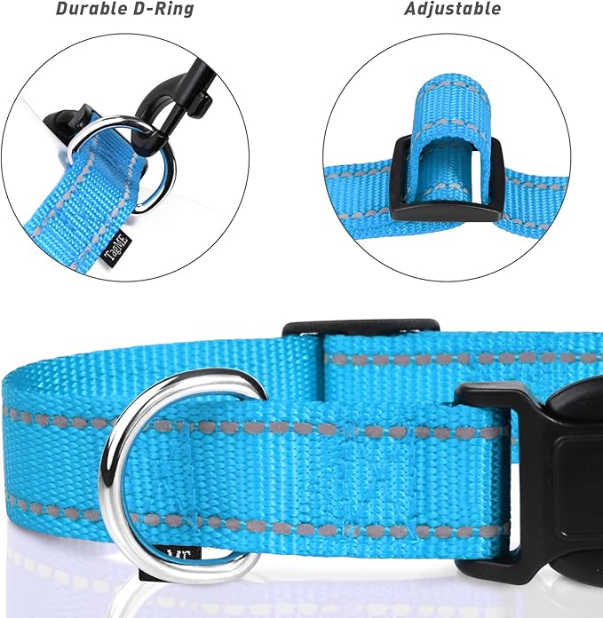TagME Reflective Nylon Dog Collars, Adjustable Classic Pet Collar with Quick Release Buckle for Extra Large Dogs, Sky Blue, 1¼" Width
