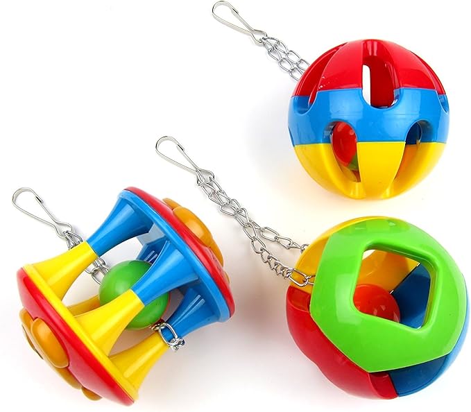 Hypeety Parrot Colorful Ball Toys with Bell Cage Hanging Chewing String for Parakeet Conure Cockatiel Small Medium Birds (A+B+C)