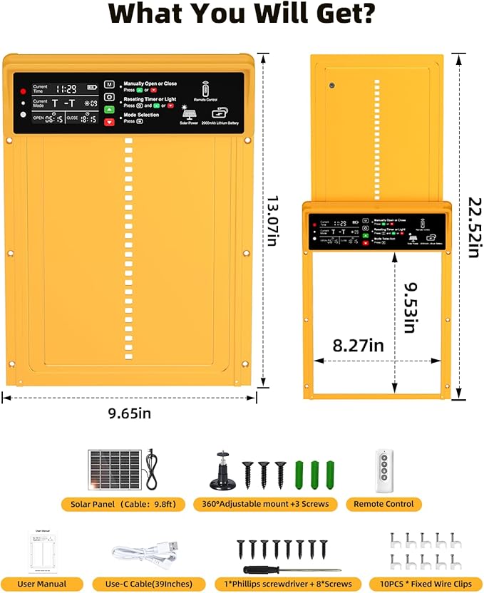 2025 Upgrade 7W Solar Power Chicken Door, Pet Deluxe Automatic Chicken Coop Door with 10PCS Wire Clip, Timer, Light Sensor, LCD Display & Anti-Pinch Durable Aluminum Auto Coop Door with 4 Modes-Gold