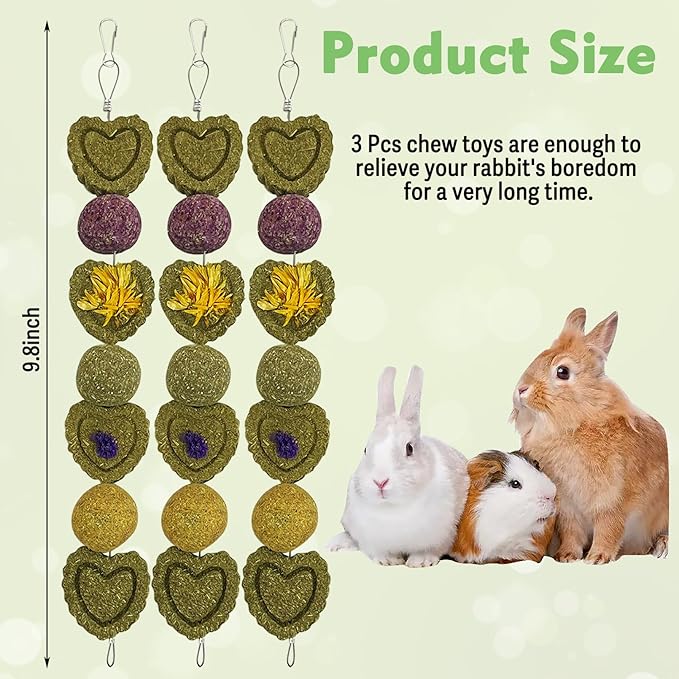 kathson 3Pcs Bunny Chew Toys Rabbit Chewing Toy for Teeth Hanging Grinding Chinchilla Treats Timothy Grass Cake Molar Balls for Guinea Pigs Hamsters Gerbils Rats Squirrels Playing Improve Pets Dental