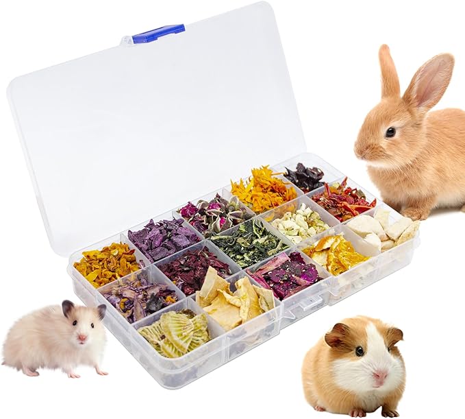 Bunny Treats, Treat Box with 15 Kind of Snacks for Rabbit, Hamster, Chinchilla, Guinea Pig and Other Small Pets, Chinchilla Treats, Guinea Pig Treat