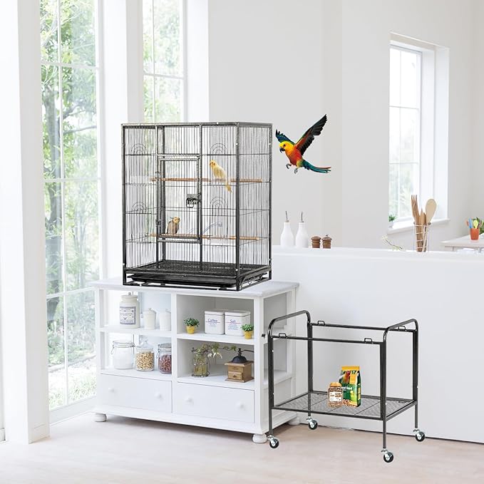 VINGLI 53-inch Large Bird Cage with Rolling Stand, Durable Wrought Iron Parakeet Cage with Slide Out Tray, Black Bird Cages for Parakeets/Lovebird/Cockatiels/Budgies and Other Small/Medium Birds