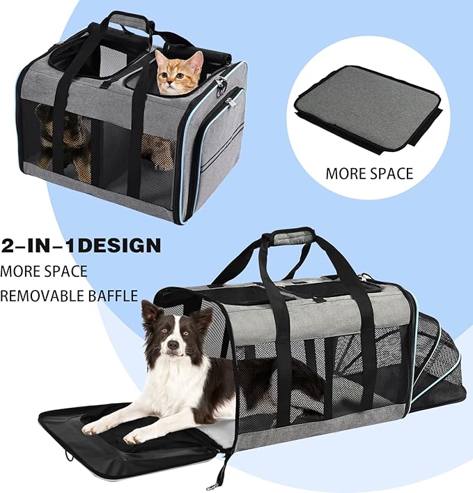 Portable 2-in-1 Pet Carrier,Double Compartment Cat & Dog Carrier for 2 Cats,Expandable Medium Dogs Large Cat Carrier with Sturdy Base,Breathable,Good for Traveling Walking Camping（Blue）
