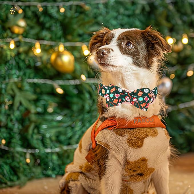 Christmas Dog Collar, Cute Winter Holiday Collars with Detachable Bowtie with Green Christmas Tree and Snowman Print Metal Buckle Collar Adjustable Sturdy Collars for Small Girl Boy Dogs