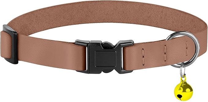 Breakaway Cat Collar with Bell - Leather Adjustable Kitten Collars with Safety Quick Release Buckle - Soft Small Pet Collars for Girl & Boy Cats (Mocha)