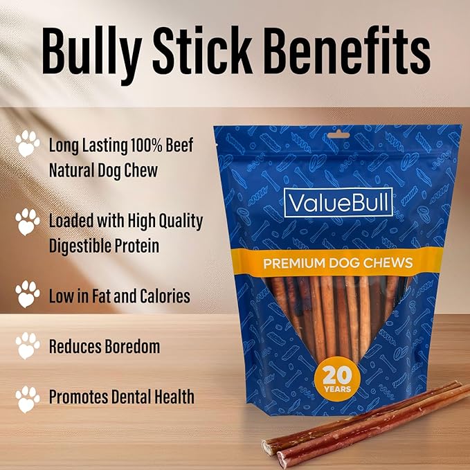 ValueBull Bully Sticks for Dogs, Medium 12 Inch, 50 Count - All Natural, Grass Fed, Single Ingredient, Long Lasting Dog Treats