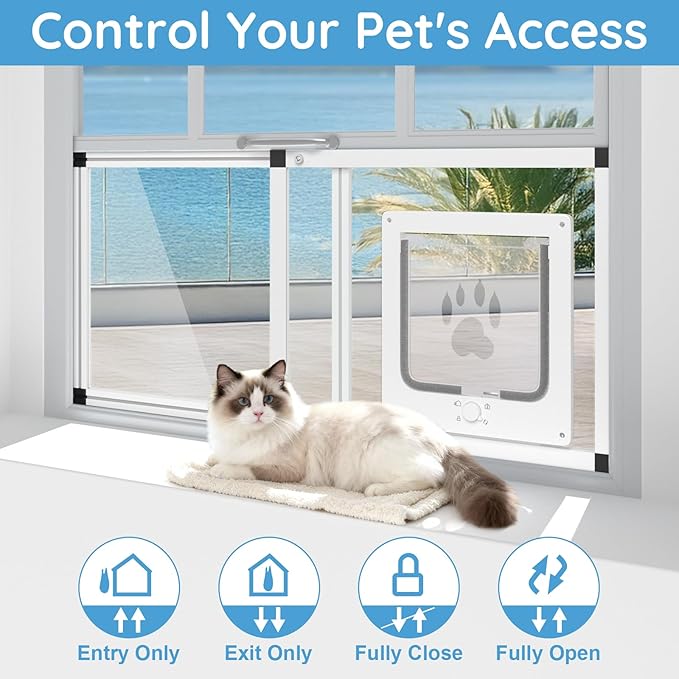 Sliding Cat Door for Window, Fits 37"-45" Width Window, 2-Min Install | Aluminum Frame + HD Glass | Weatherproof Design | Magnetic Closure Window Cat Door Insert, Adjustable Pet Door Window for Cats
