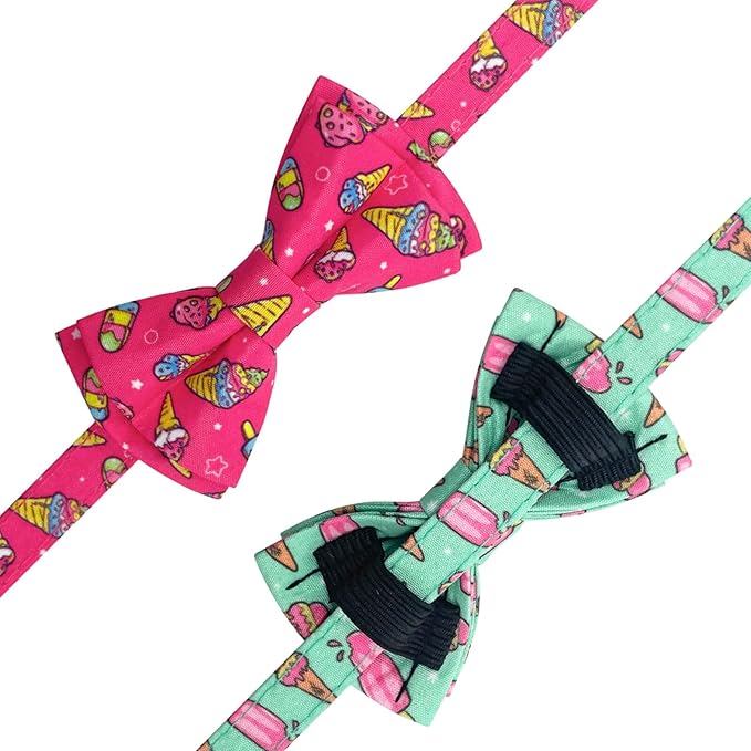 2 Pack Cotton Cat Collar with Bow Tie and Bell for Girl Boy Cats,Cute Pink Flamingo and Blue Whale Pattern Spring Summer Breakaway Cat Collar for Male Female Cats (Ice Cream)