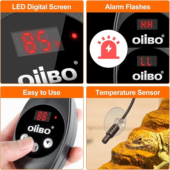 Oiibo Reptile Light Fixture with Dimming Thermostat, 8.5inch Deep Dome Reptile Lamp Fixture, Reptiles Heat Lamp Fixture for UVB Bulb Basking Heat Bulb, Max 150W