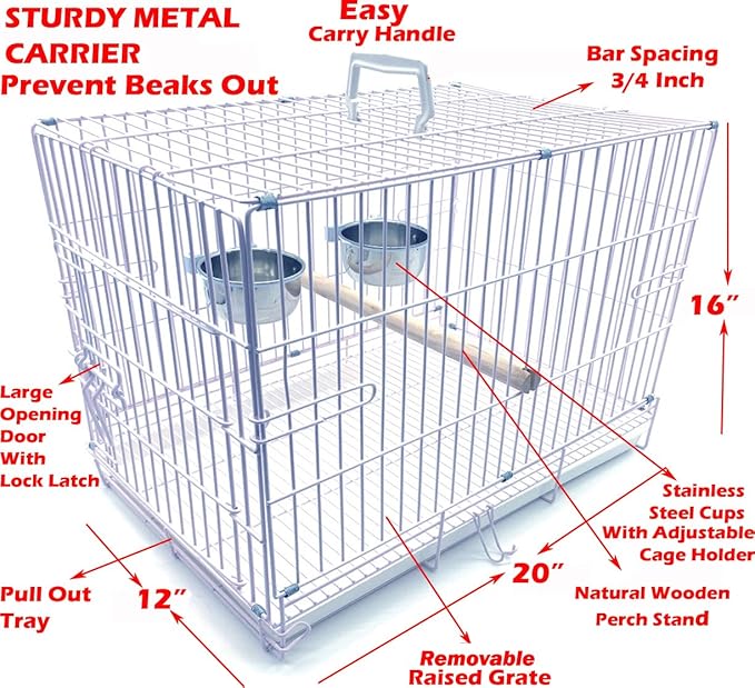 Travel and Vet Bird Parrot Beaks Proof Metal Cage Carrier Easy Foldable Clean with Stainless Bowls and Wooden Stand Perch
