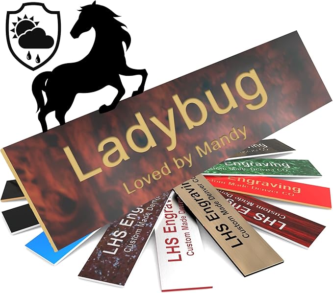 Horse Stall Name Plate, 2x12 Personalized Stall Signs, UV Protected, All Weather Adhesive, Hanging, Mounting or Other, Burlwood Plastic Gold Letters - Made in USA - N2