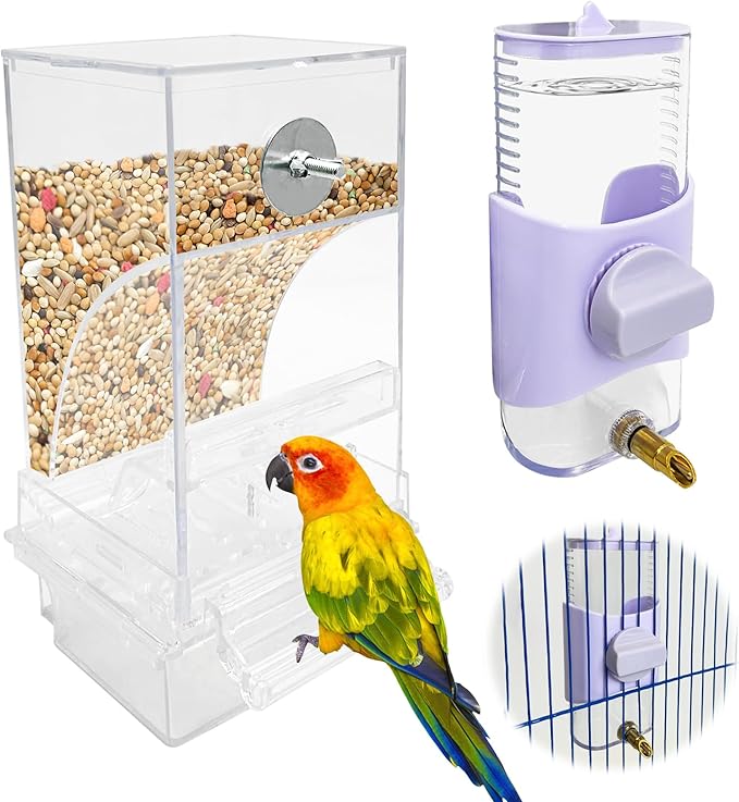 PINVNBY No Mess Bird Feeder & Water Dispenser Set Automatic Parrot Feeder Transparent Food Container Drinker Parakeet Cage Accessories for Cockatiel Budgie Lovebird Finch (Purple)