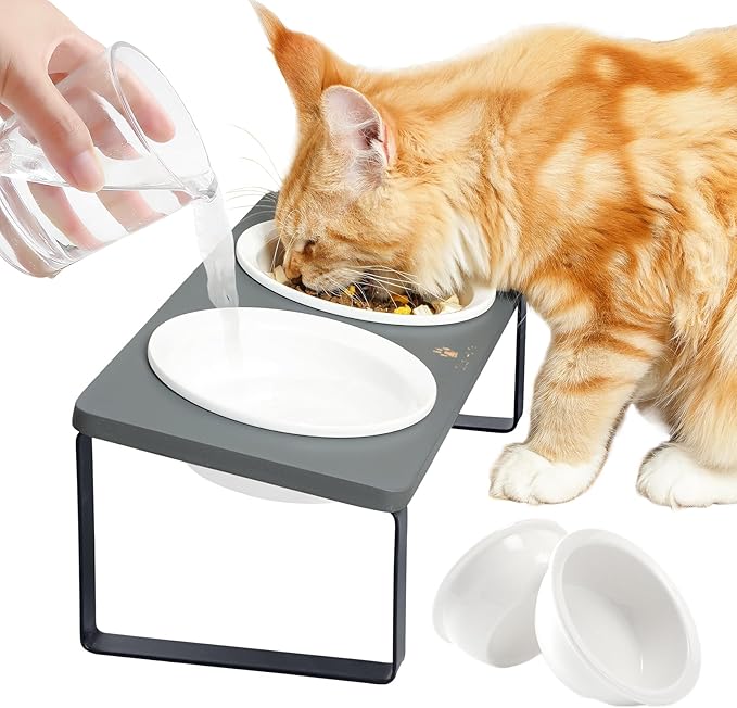 Sunhoo Elevated Cat Bowls for Indoor Cats Ceramic Kitty Dish Food Water Raised Tilted Puppy Feeding Sation with 4 Dishes Wooden Stand Pet Feeder Metal Legs Orthopedic ReducesVomiting（Grey）