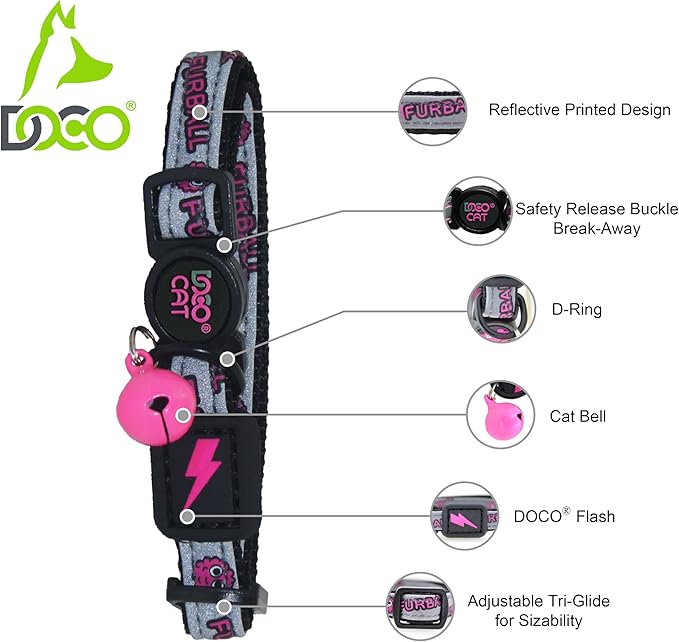 DOCO Cat Collar (Neck Girth - 3/8" x 7.5-12", Weight Upto - 13lb) Reflective Cat Collar with Bell, Breakaway Safety Buckle, Adjustable Nylon Strap for Kittens & Adult Cats (Black)