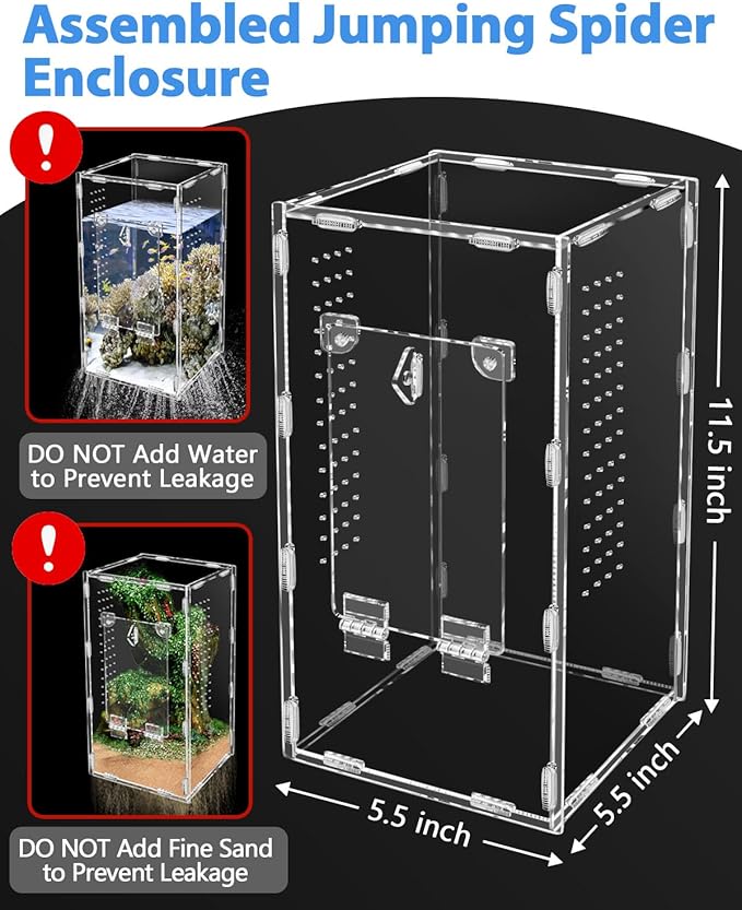 Jumping Spider Enclosure, Tarantula-Enclosure Large Acrylic Terrarium, Reptile Enclosure Jumping Spider Accessories with Magnet Front Opening Door, Terrarium Kit(Large 12x6x6 Inch, Assemble)