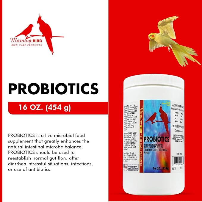 Morning Bird Probiotics for Birds 16 oz – Digestive Health Supplement Supporting Gut Balance, Nutrient Absorption & Immune Support – Easy Mix Powder Supplement for All Bird Species