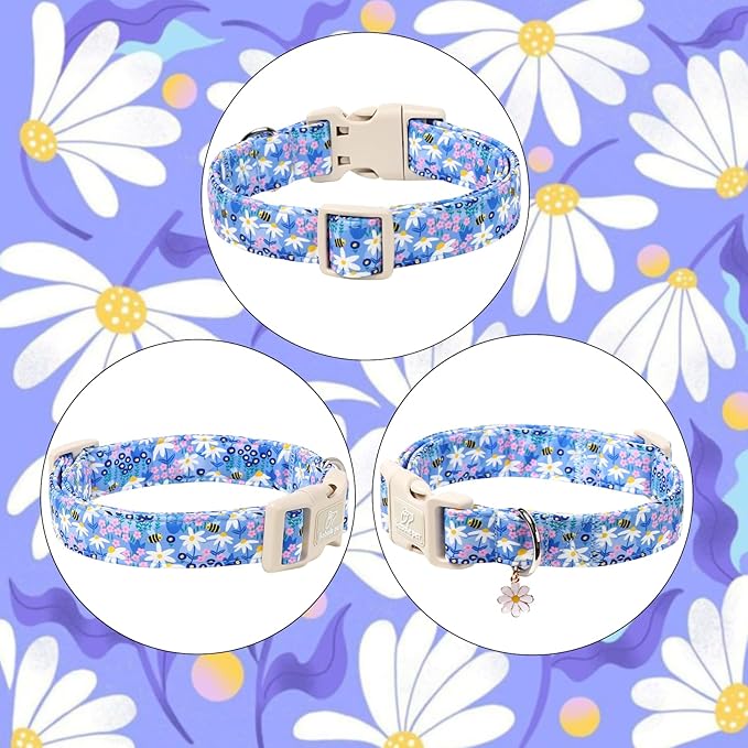 Floral Dog Collar for Small Dogs - Cute Spring Dog Collars, Soft Lightweight Bee & Daisy Puppy Collar, Breathable Adjustable Male Female Blue Wildflowers Dogs Collars S