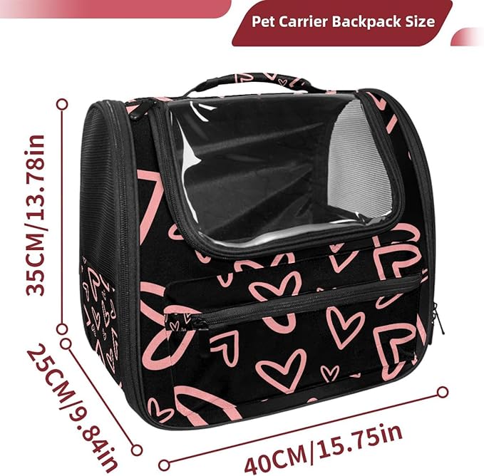 Portable Travel pet Backpack Carrier Hamster Bag Small Dog cat Carrier Breathable Hang Bag, Pink Hearts