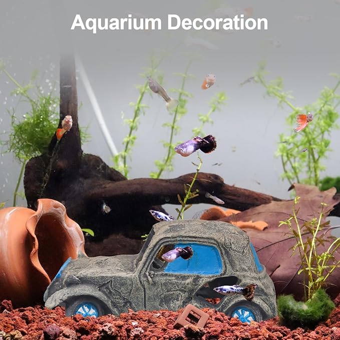 Aquarium Decorations for Fish Tank - Realistic Resin Rock Cave Hideouts, Safe Fish Tank Ornaments with Natural Design for Betta, Goldfish, Shrimp - Easy to Clean (car)