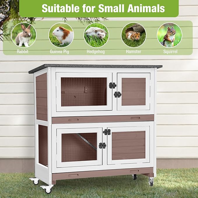 Rabbit Hutch Indoor, 36'' Bunny Hutch Outdoor, Mobile Rabbit Cage with Wheels, 2-Story Bunny Cage with 2 Pull Out Trays, Wooden Guinea Pig Cage (Brown)