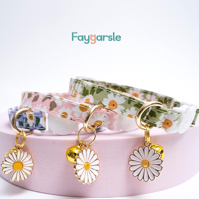 Faygarsle 3 Pack Cotton Safe Breakaway Cat Collars with Bell Daisy Charm Green Blue Pink Kitty Kitten Cute Cat Collars for Girl Cats Female Cats