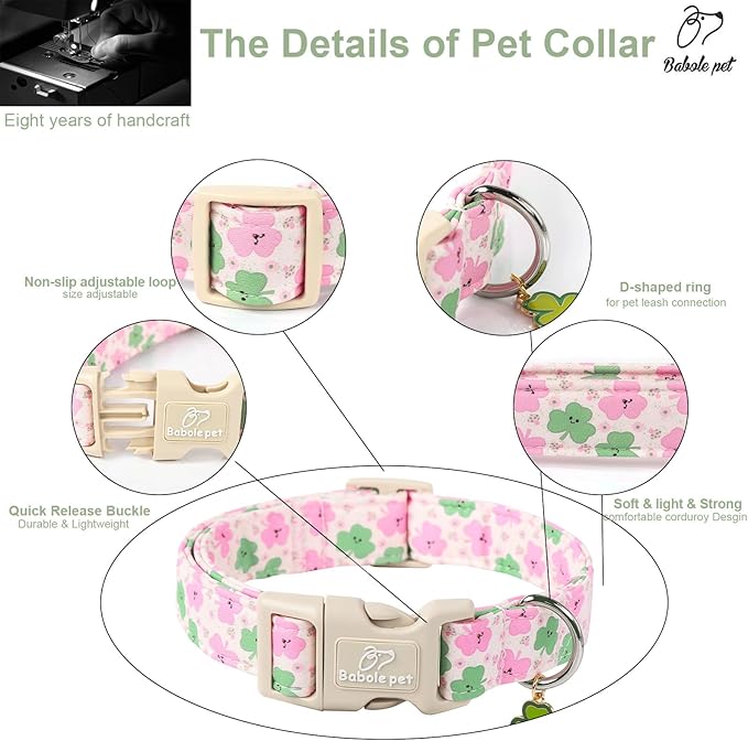 St Patricks Day Dog Collar for Medium Dogs - Cute Light Pink Shamrock Girl Dog Collars, Adjustable Irish Clover Puppy Collar with Quick Release Buckle M
