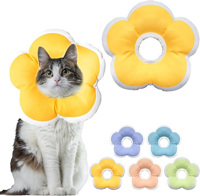 Cat Cone Collar Soft, Waterproof Cats Cones to Stop Licking After Surgery, Adjustable Soft Elizabeth Cats Collars for Wound Healing, Flower Shape Cat Recovery Collar (Yellow, Large)