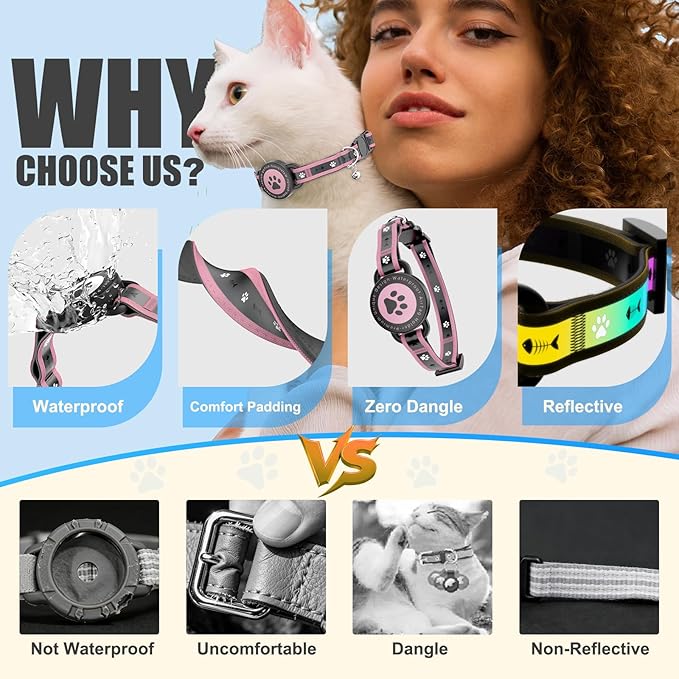 Airtag Cat Collar Breakaway, Reflective Cat Collar with AirTag Holder and Bell, Compatible with Apple Air Tag, Comfortable Padding, Adjustable, Durable (Pink, XS)