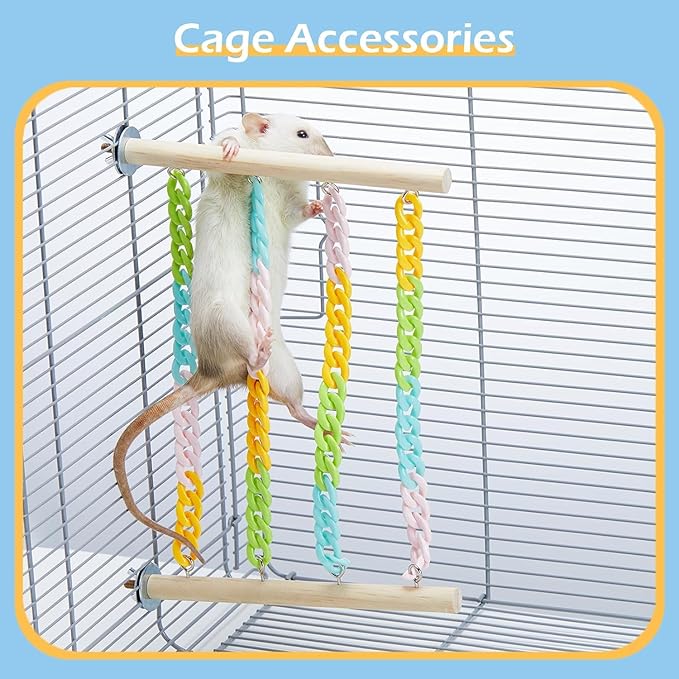 Sugar Glider Climbing Toys, Natural Wood with Sturdy Colorful Chains Hanging Toys Sugar Glider Cage Accessories, Wobble-Free Rat Enrichment Toys for Small Animals and Parrots (1pc)